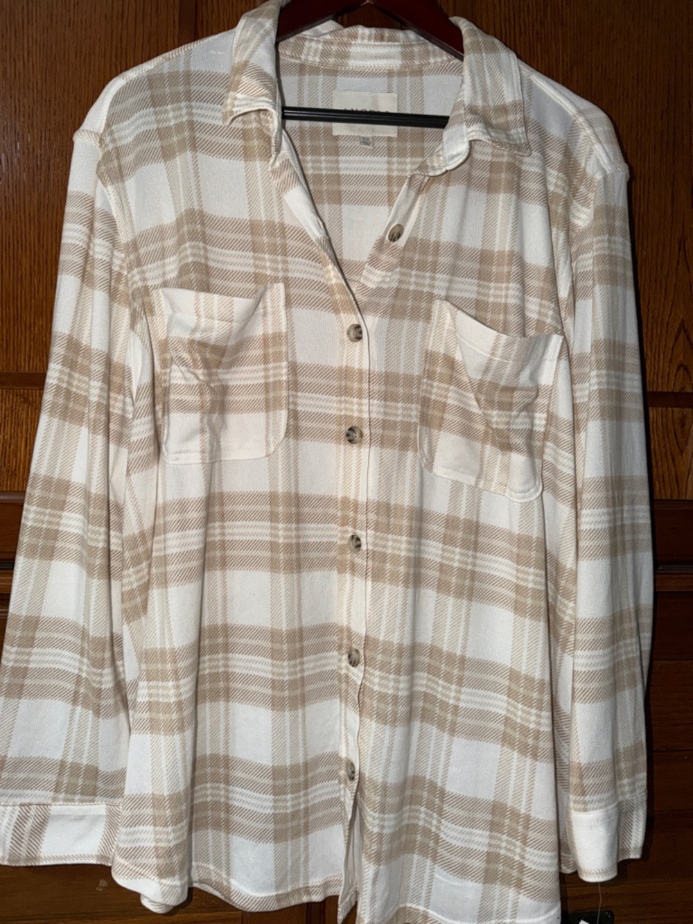 NWT Angels Forever Young Plaid Button-Down Shirt Neutral Viscose Casual Relaxed